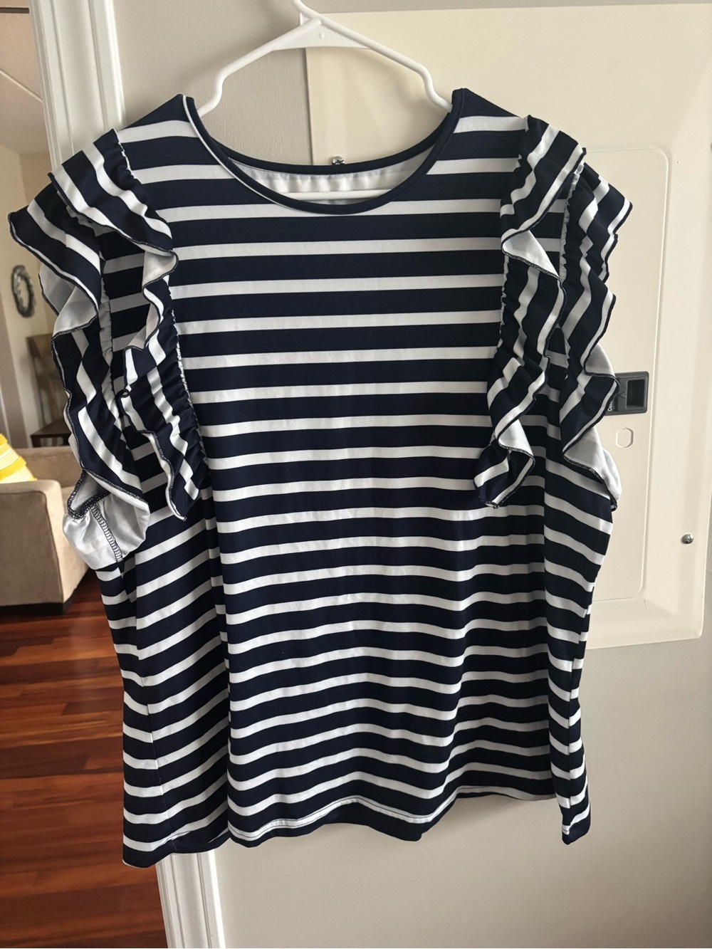 SHEIN Striped Ruffle Sleeve Top - Navy & White